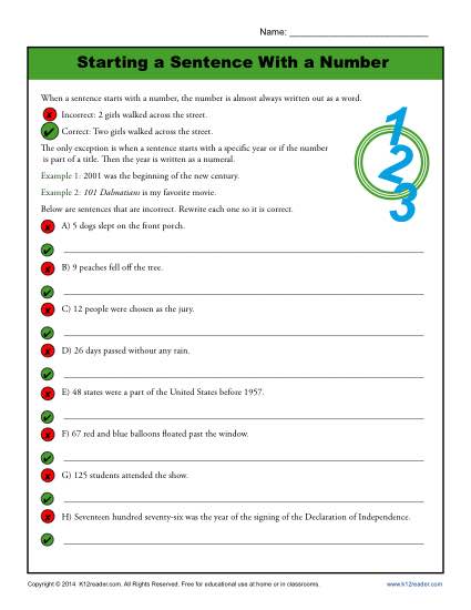 Starting a Sentence with a Number: Printable Worksheet for Students