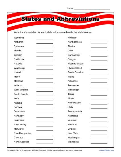 States and Abbreviation Printable Worksheet for Students