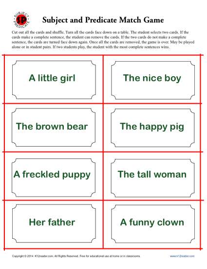 Subject and Predicate Worksheet Activity - Match Game