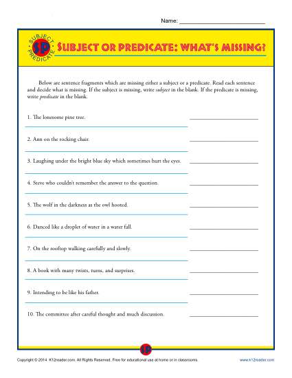 Subject and Predicate Worksheet - What's Missing?