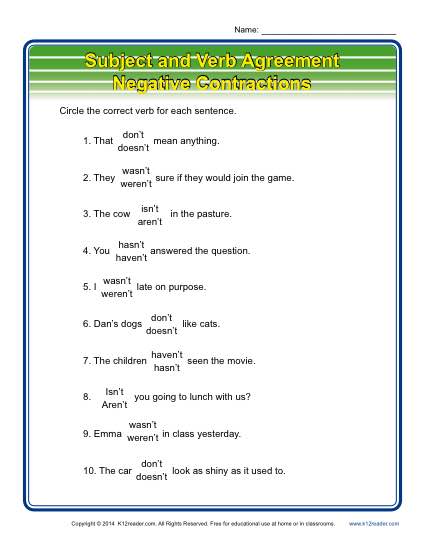 Subject Verb Agreement Worksheet Activity - Negative Contractions
