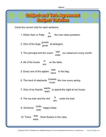 Subject Verb Agreement Worksheet Practice Activity - Subject Varieties