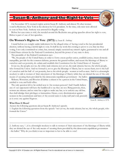 Printable Reading Worksheet - Susan B. Anthony and the Right to Vote