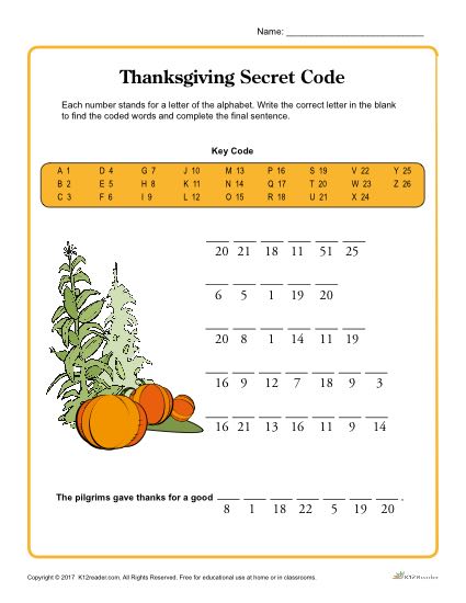 Thanksgiving Printable Worksheet - Secret Code