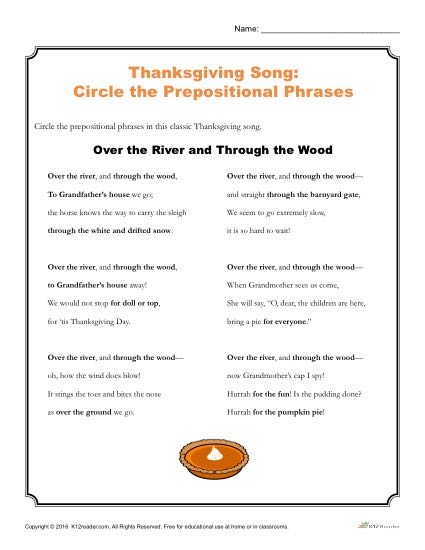 ELA Activity - Circle the Prepositional Phrases in the Thanksgiving Song