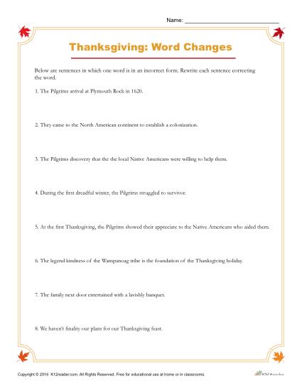 Thanksgiving Activity - Rewrite the Incorrect Word