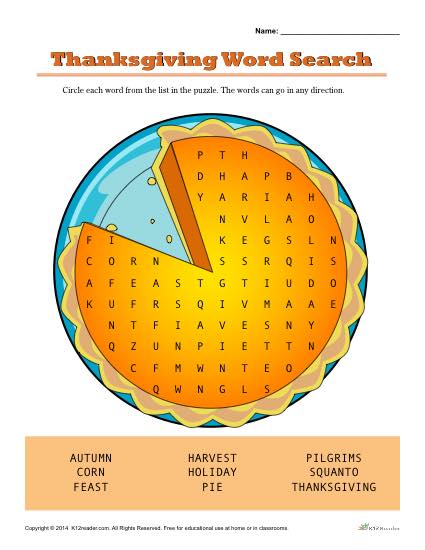 Thanksgiving Pumpkin Pie Word Search