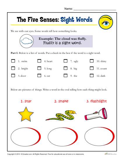 The Five Senses Printable Worksheet Activity for Kindergarten and First Grade - Sight Words