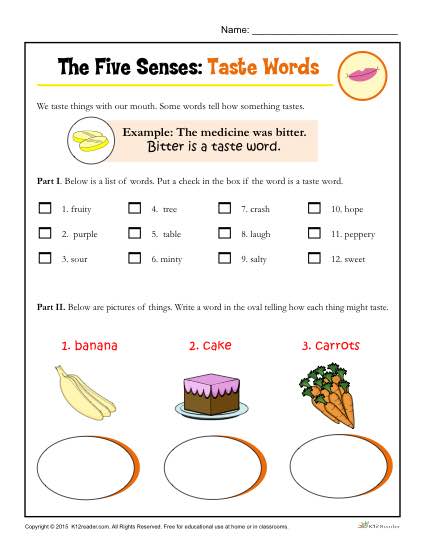 The Five Senses Printable Worksheet Activity for Kindergarten and First Grade - Taste Words