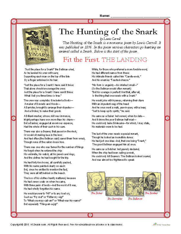 The Hunting of the Snark Reading Activity Worksheets