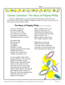 Free, Printable Classic Literature Reading Comprehension Set - Fidgety Phillip