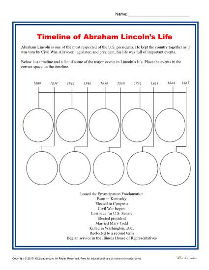Lincoln's Birthday Printable Activity - Fill in the Timeline of Abraham Lincoln's Life