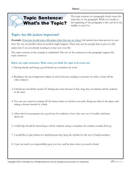 Printable Writing Worksheet - Topic Sentences