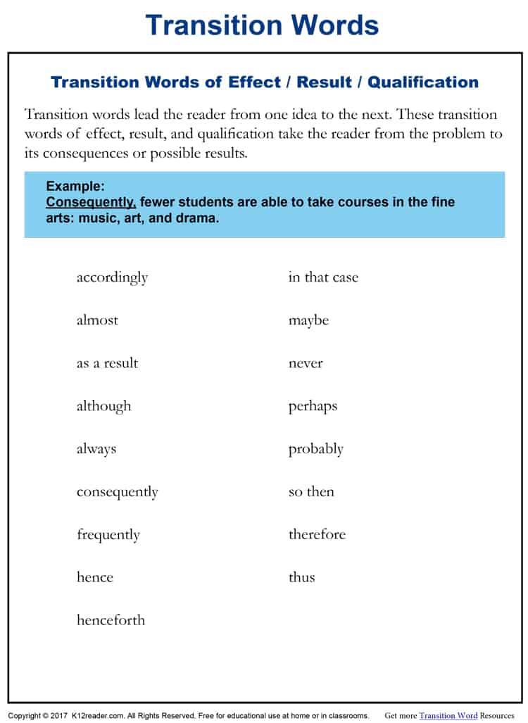 Effect, Result and Qualification Transition Words