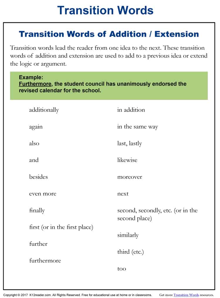 Addition and Extension Transition Words