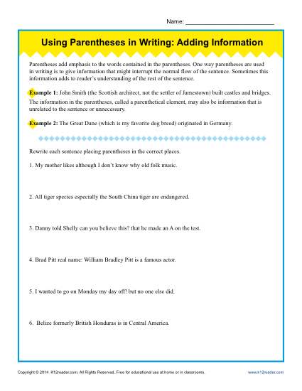 Writing Practice Worksheet - Using Parentheses When Adding Information