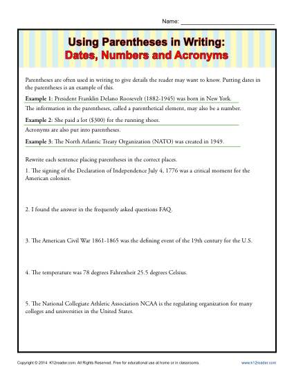 Writing Practice Worksheet - Using Parentheses in Writing Dates, Numbers and Acronymns