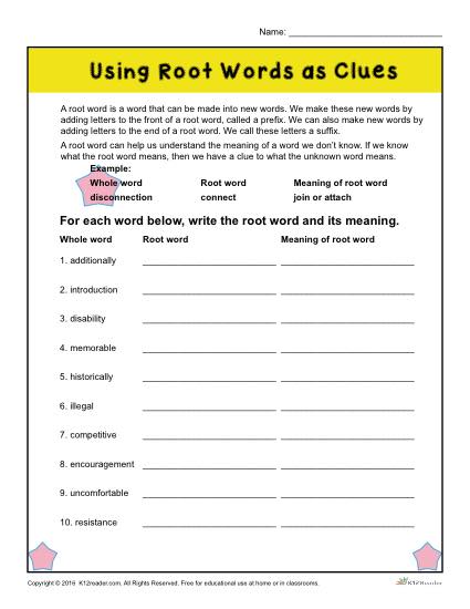 Using Root Words as Clues - Printable Word Meaning Worksheet