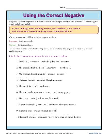 Negatives Worksheet