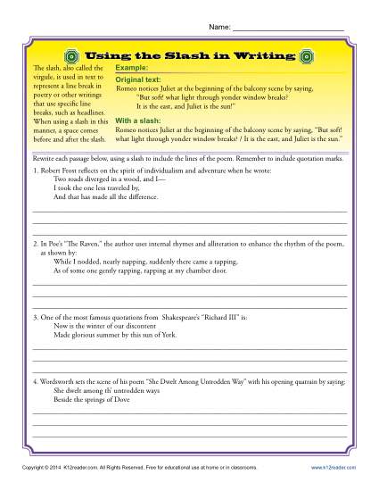 Writing Practice Worksheet - Using the slash
