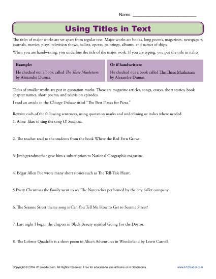 How to Treat Titles of Major Works in Text - Worksheet Activity