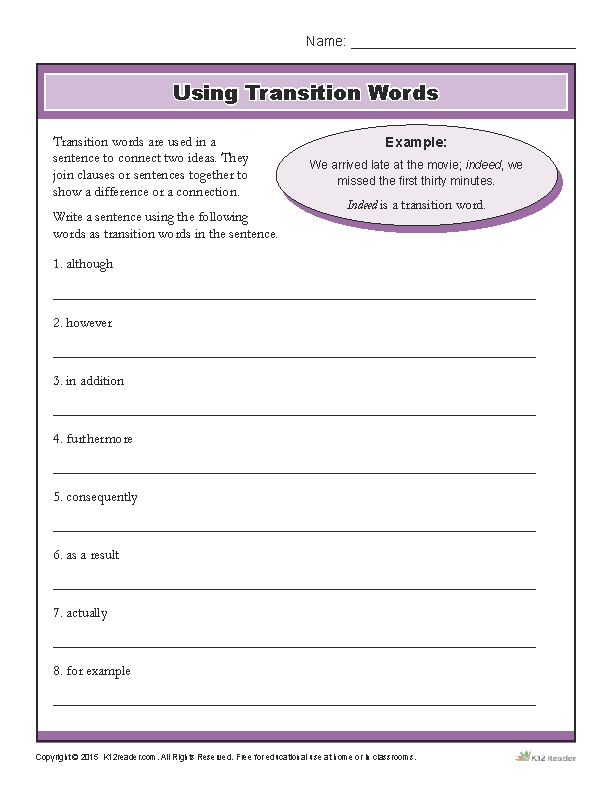 Using Transition Words in Sentences - Printable Worksheet Activity