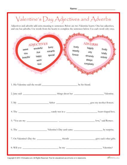 Valentine's Day Printable Activity - Adjectives and Adverbs