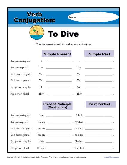 Verb Conjugation Worksheets - To Dive