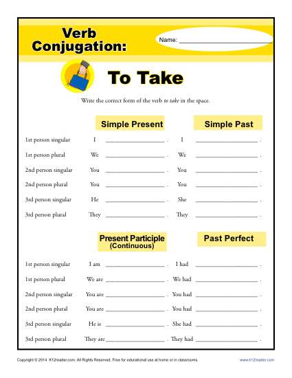 Verb Conjugation Worksheets - To Take