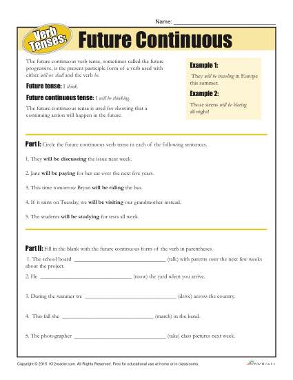 Future Continuous Verb Tenses Worksheet