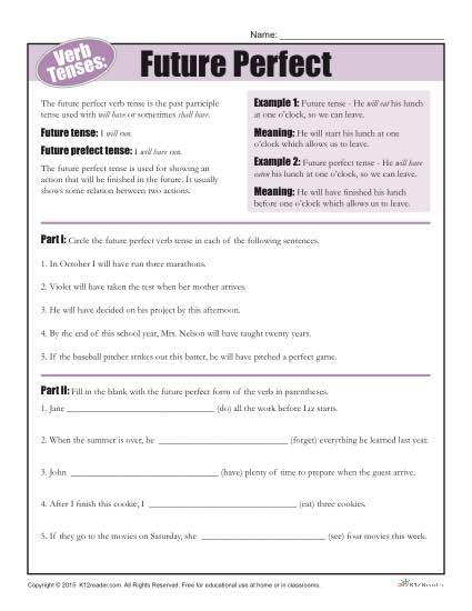 Future Perfect Verb Tenses Worksheet