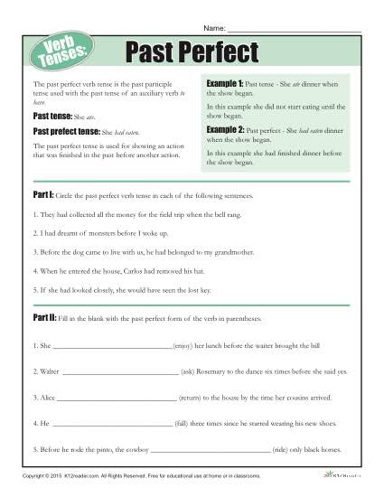 Verb Tenses Worksheet - Past Perfect