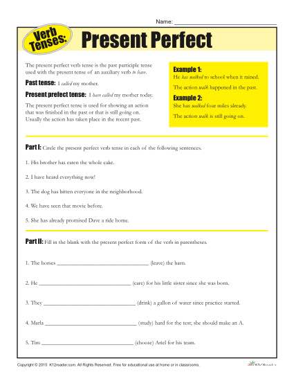 Verb Tenses Worksheet - Present Perfect