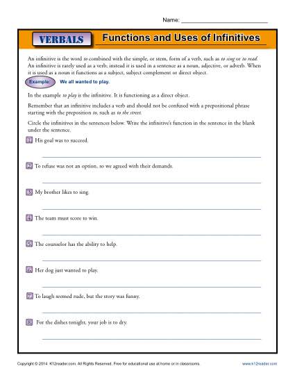 Verbals Worksheet Activity - Functions and Uses of Infinitives