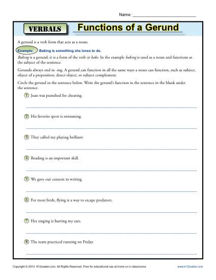 Verbals Worksheet Activity - Functions of a Gerund
