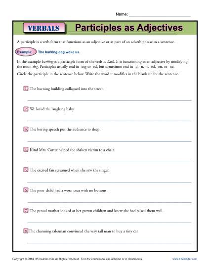 Verbal Worksheet Activity - Verbals, Participles as Adjectives