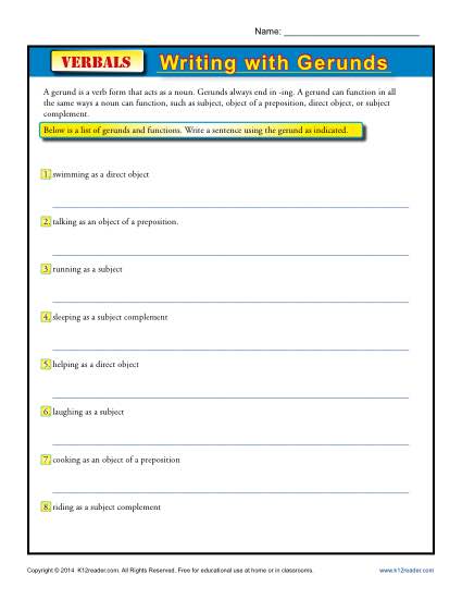 Verbals Worksheet - Writing with Gerunds