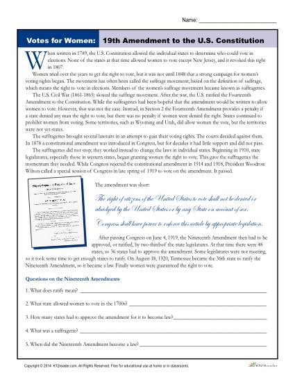 19th Amendment Reading Worksheet - Votes for Women