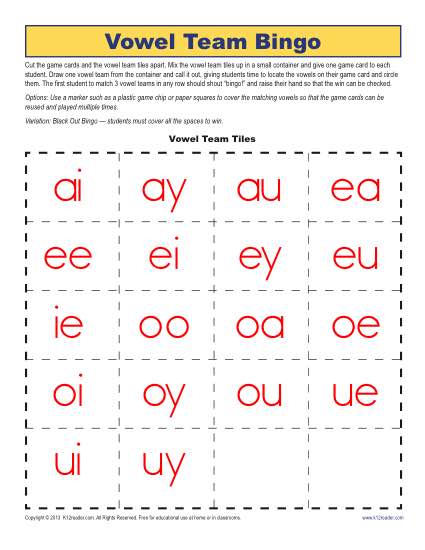 Vowel Team Bingo - Free, Printable Worksheet Lesson Activity
