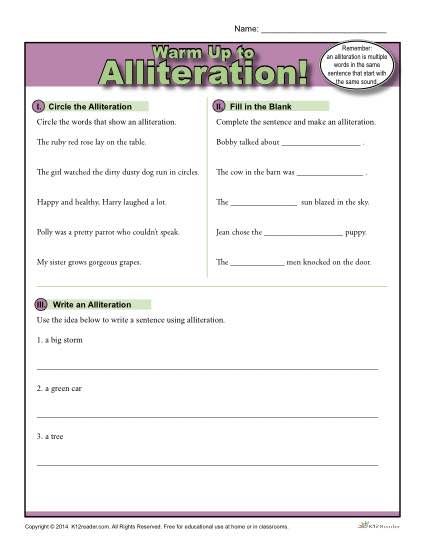 Printable Alliteration Warm Up Activity for Class or Home