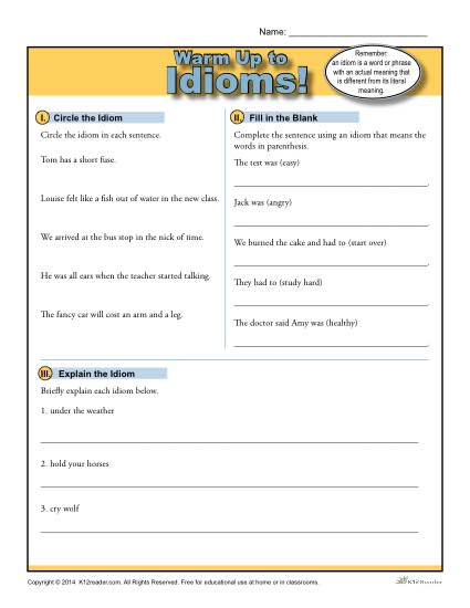 Printable Idioms Warm Up Activity for Class or Home
