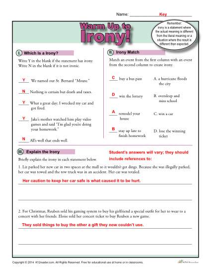 Printable Irony Warm Up Activity for Class or Home