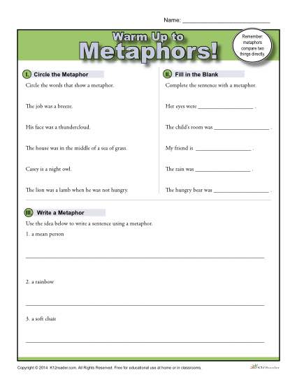 Printable Metaphor Warm Up Activity for Class or Home
