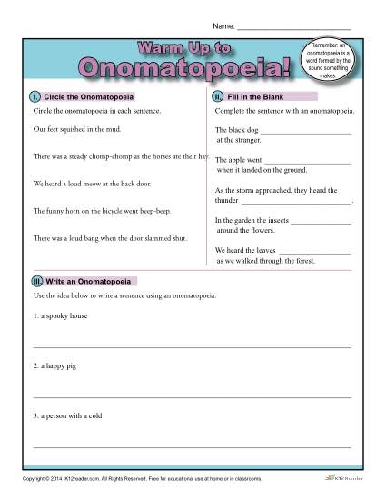 Printable Onomatopoeia Warm Up Activity for Class or Home