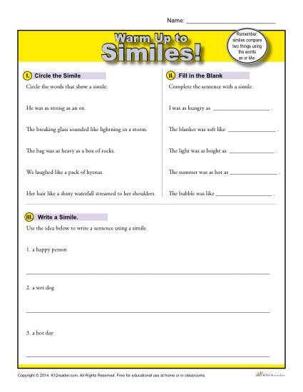 Printable Simile Warm Up Activity for Class or Home