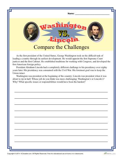 Presidents' Day Printable Worksheet Activity - Washington Versus Lincoln - Compare the Challenges