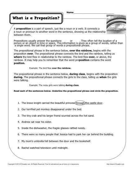 What is a Preposition? Free, Printable Worksheet Practice Activity