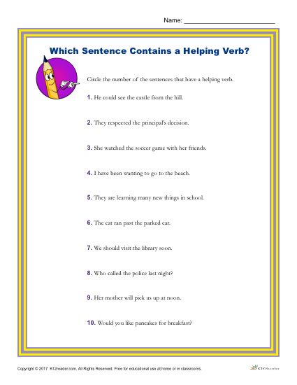 Which Sentence Contains a Helping Verb? Printable Worksheet