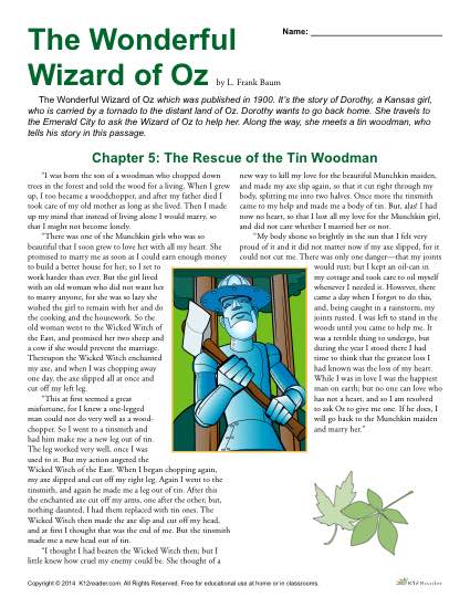 Wizard of Oz 4th and 5th Grade Reading Comprehension Worksheet Set
