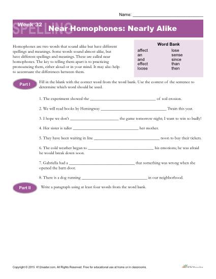 High School Spelling Words Worksheets - Week 32 - Near Homophones: Nearly Alike